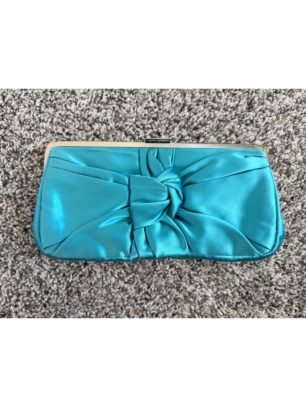 J. Crew Blue Turquoise Satin Fabric Silver Tone Metal Frame Women's Clutch Bag